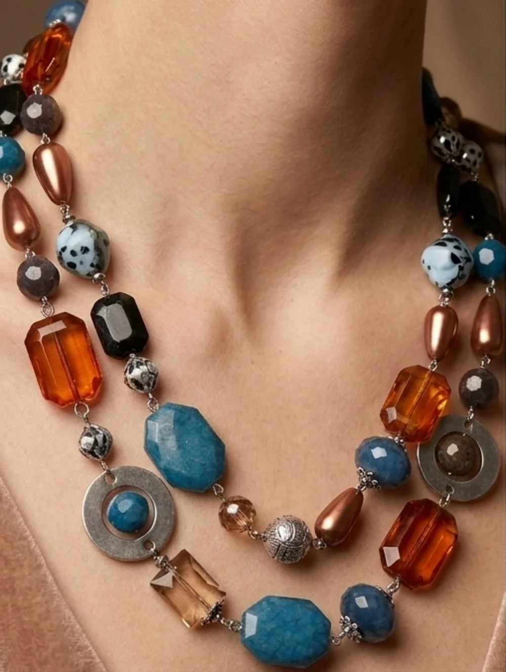 Vintage Multi-Color Acrylic Double Strand Convertible Necklace - 18" Long - Picture 1 of 3